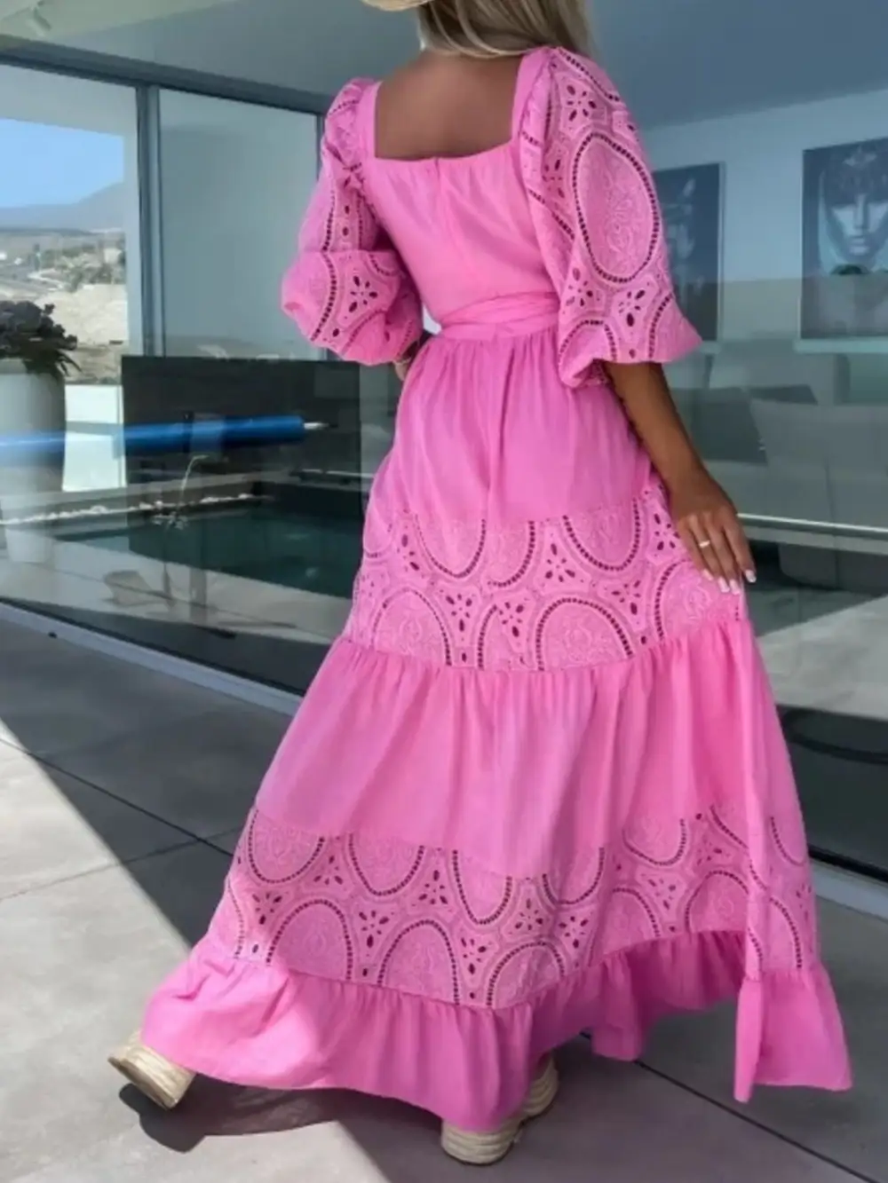 Lace Tie Waist Ruffle Maxi Dress