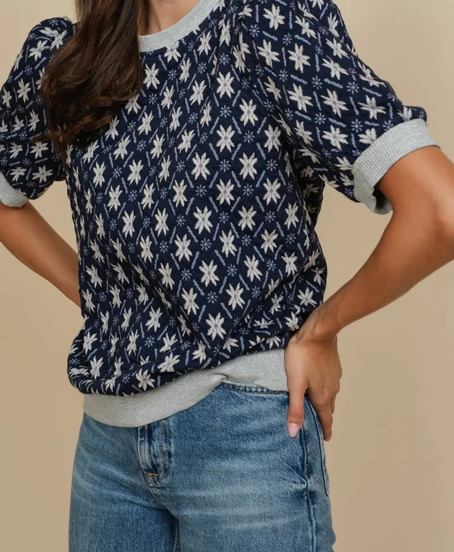 Nordic Star Jacquard Puff Sleeve Knit Top