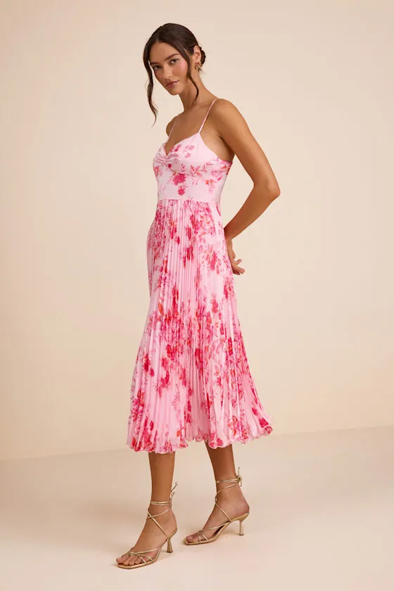 Francette Yellow Floral Satin Pleated Midi Dress