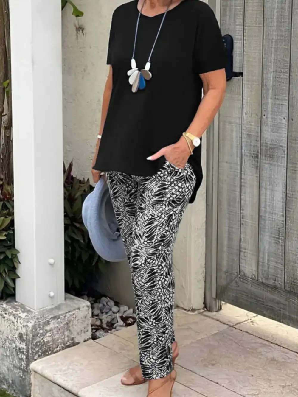 Full Size Round Neck Short Sleeve Top and Pants Set Plus Size Available