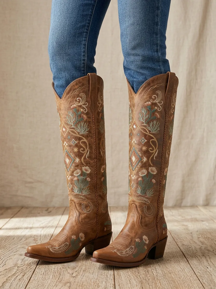 Women's Cactus Floral Wing Geometric Embroidered Braided Western Denim Over-the-Knee Boots