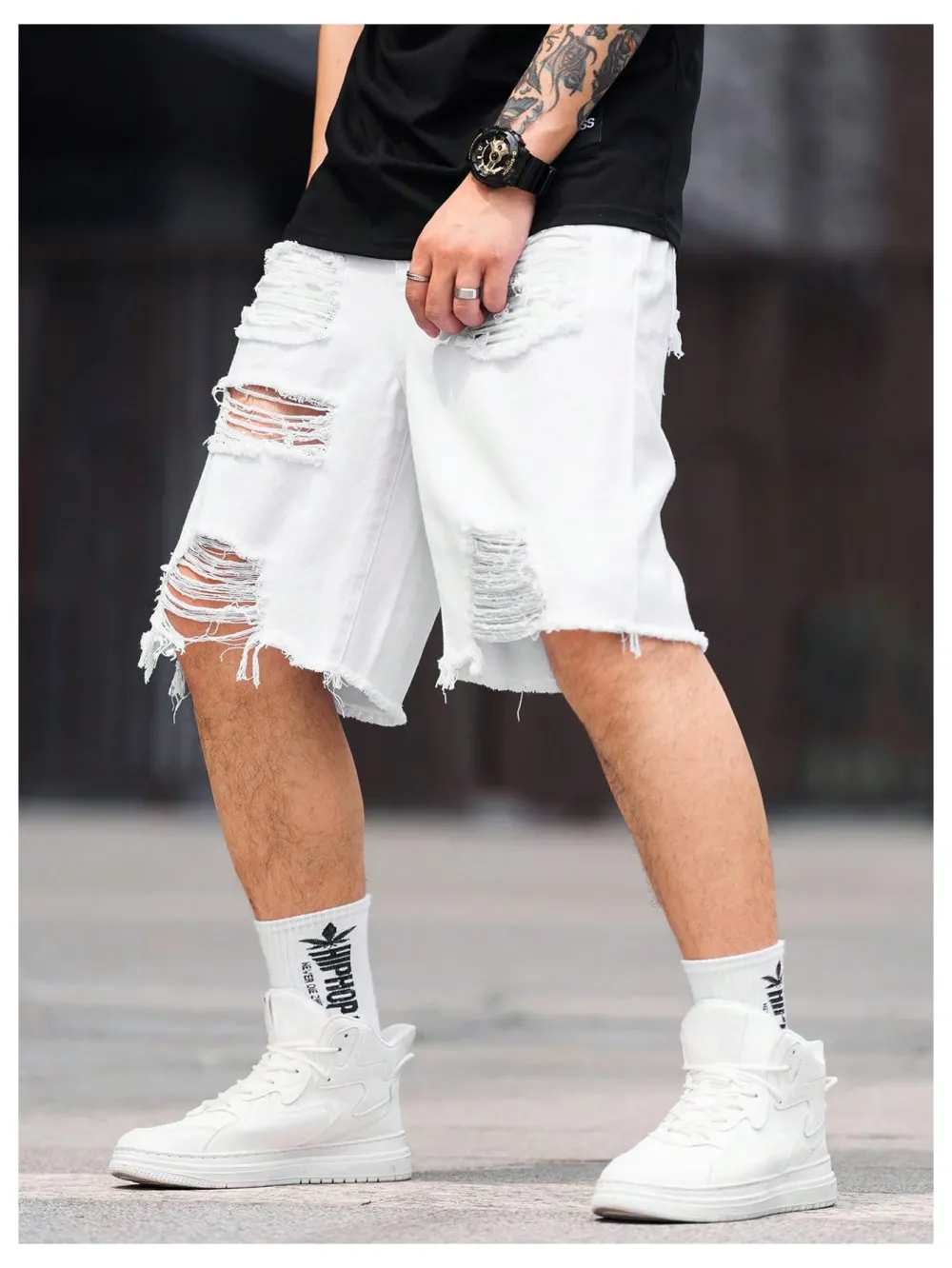 Men's Ripped Denim Shorts In White