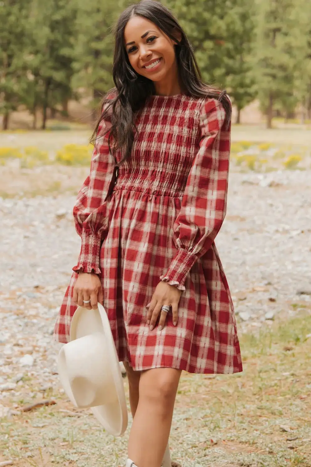 Lightweight Feel Plaid Printed Smocked Mini Dress