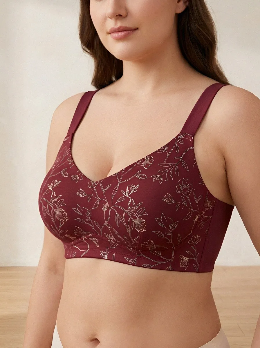 Women's Plus Size Light Blue Floral Outline Full-Coverage V-Neck Wireless Bra