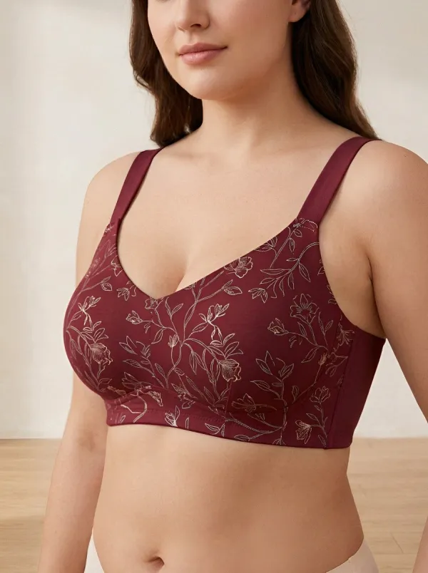 Women's Plus Size Light Blue Floral Outline Full-Coverage V-Neck Wireless Bra