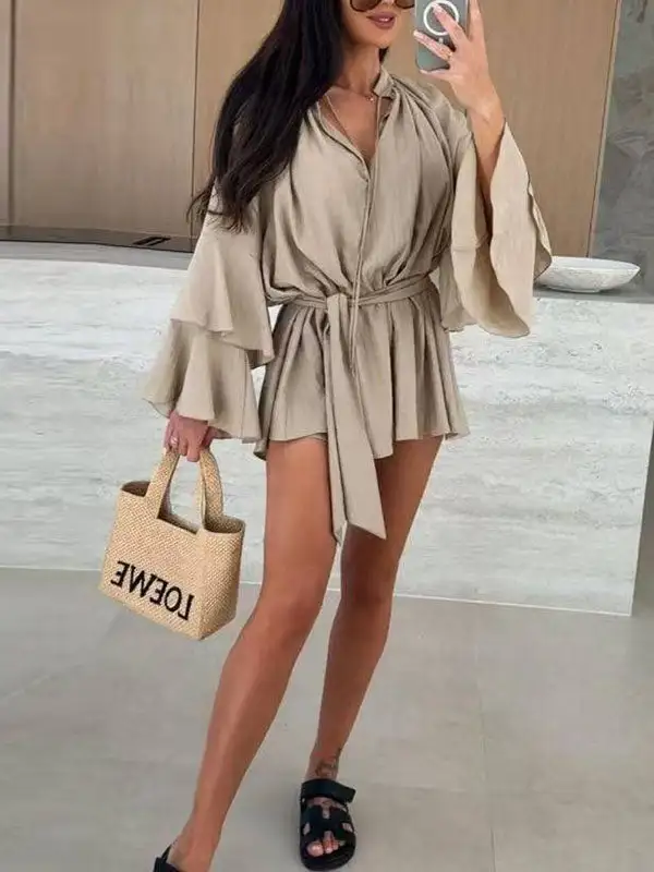 Flared Sleeve Relaxed Lace Up Pleated Solid Color Split Joint Tiered