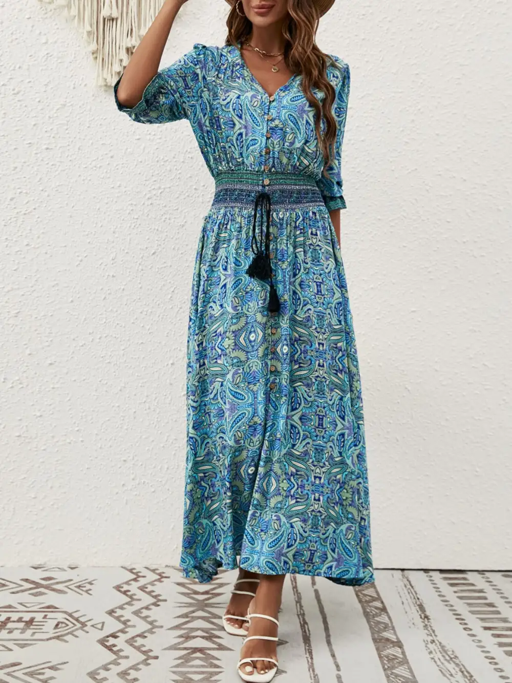 Paisley Half Sleeve Slit Midi Dress