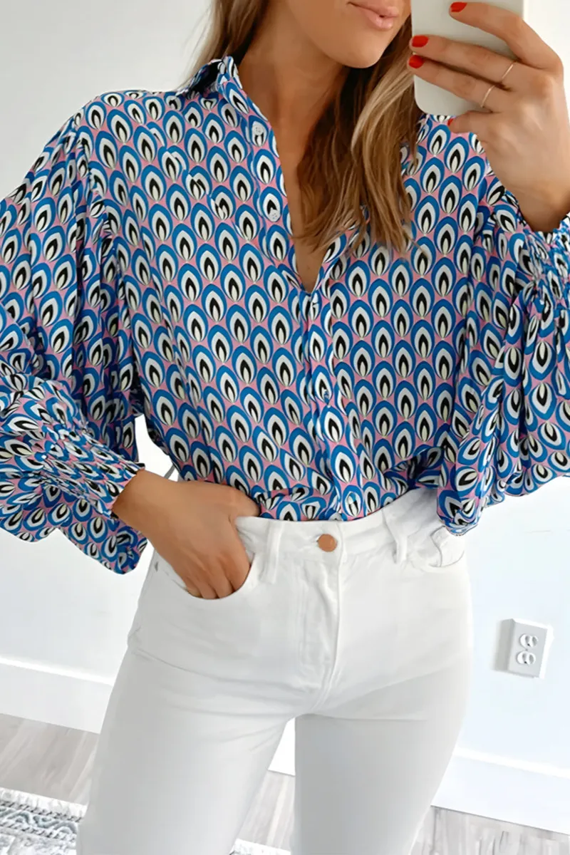 Abstract Print Shirred Puff Sleeve Shirt Blouse
