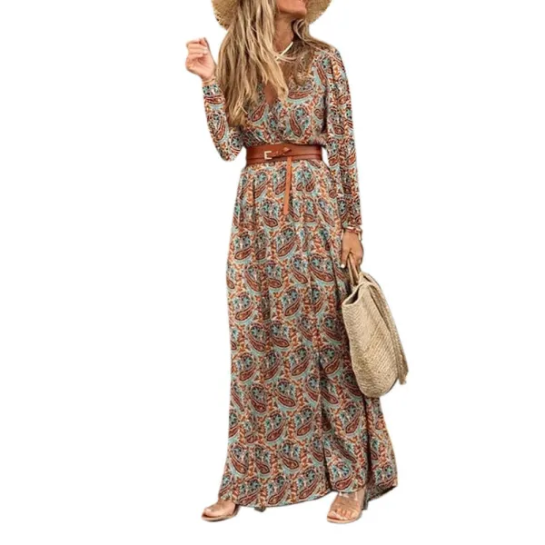 Women's Long-sleeved V-neck Bohemian Floral Dress Dresses Basic Model
