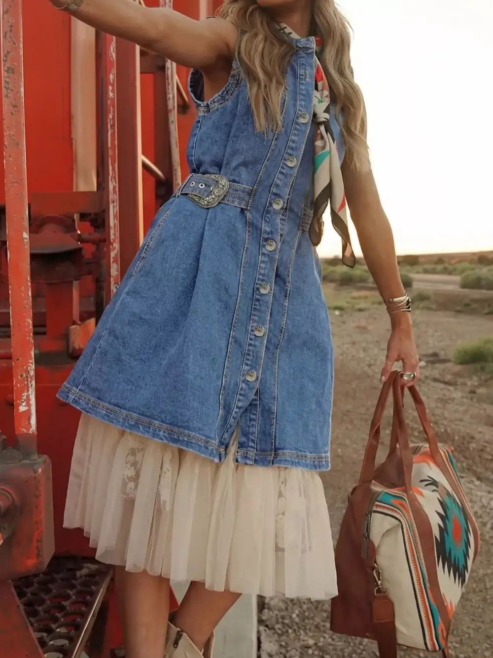 Denim Button Front Sleeveless Dress Casual