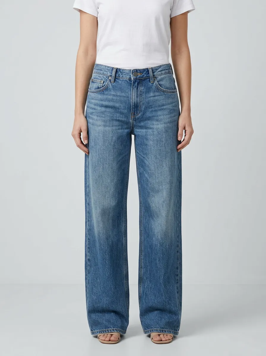 Women's Mid-Rise Contrast-Stitch Five-Pocket Wide-Leg Denim Jeans