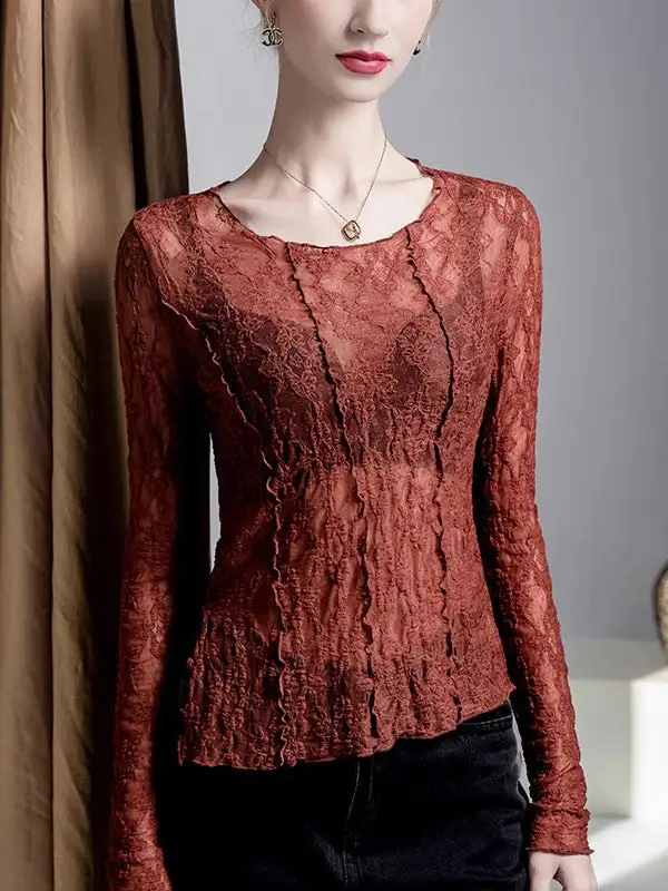 Asymmetric Long Sleeve Sheer Panel Detail Textured Round Neck T-Shirt