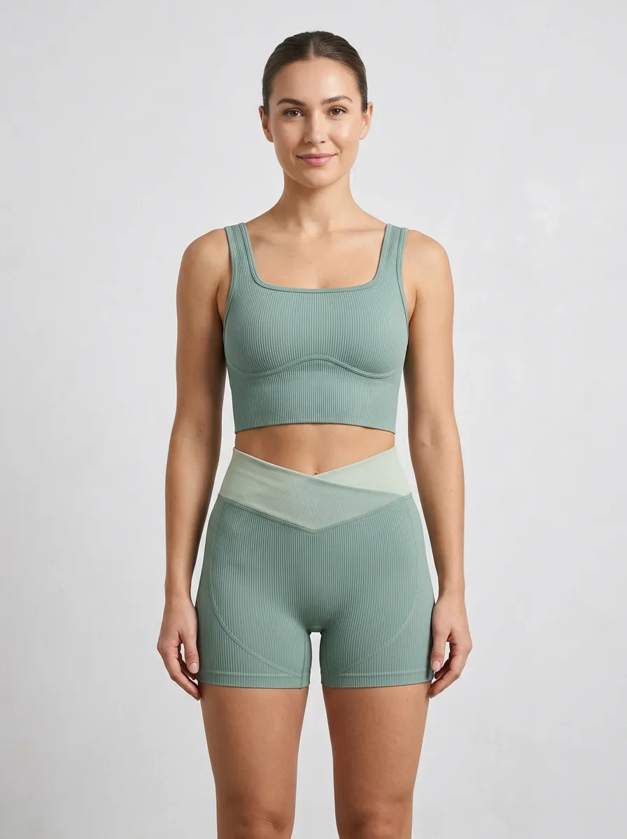 Women's Cross-Waist Ribbed Tank and Shorts Active Set