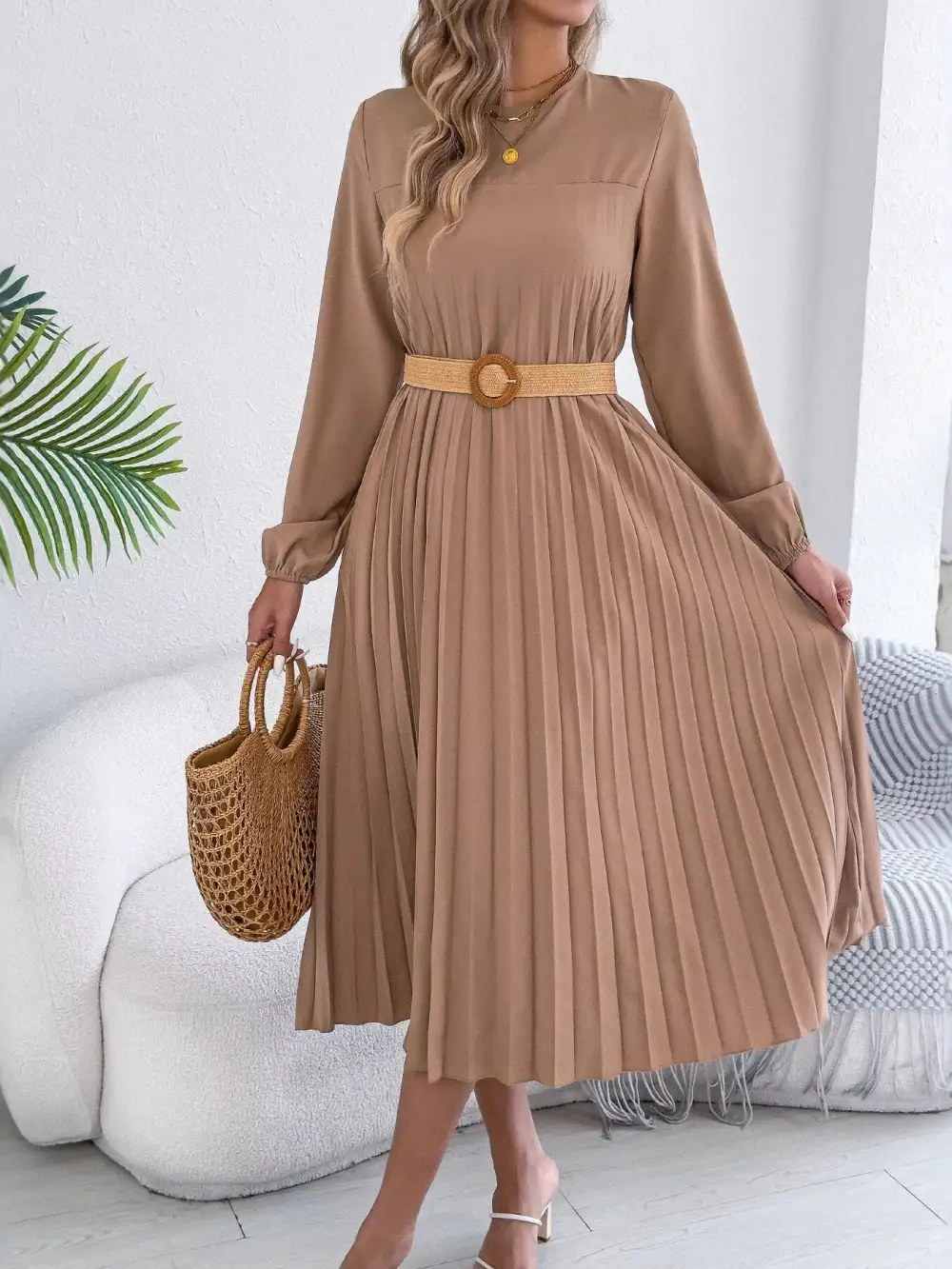 Pleated Pleated A-Line Midi Dress