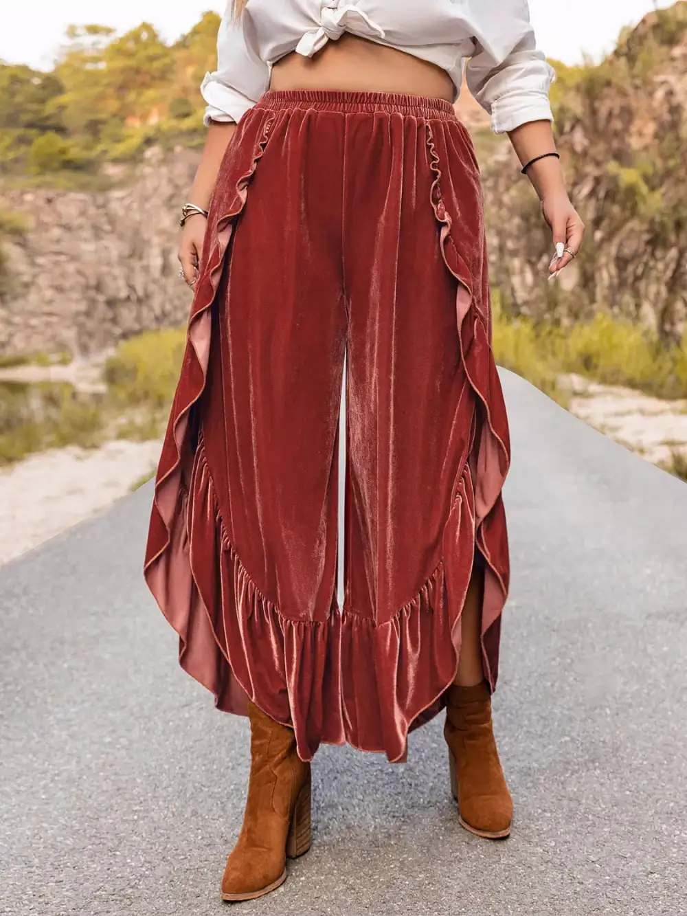 Plus Size Velvet Ruffle Hem Wide Leg Pants