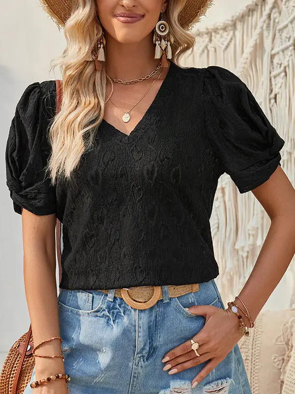 Relaxed Short Sleeve Heart Print Knot Pleat Detail Panel Detail V-Neck T-Shirt