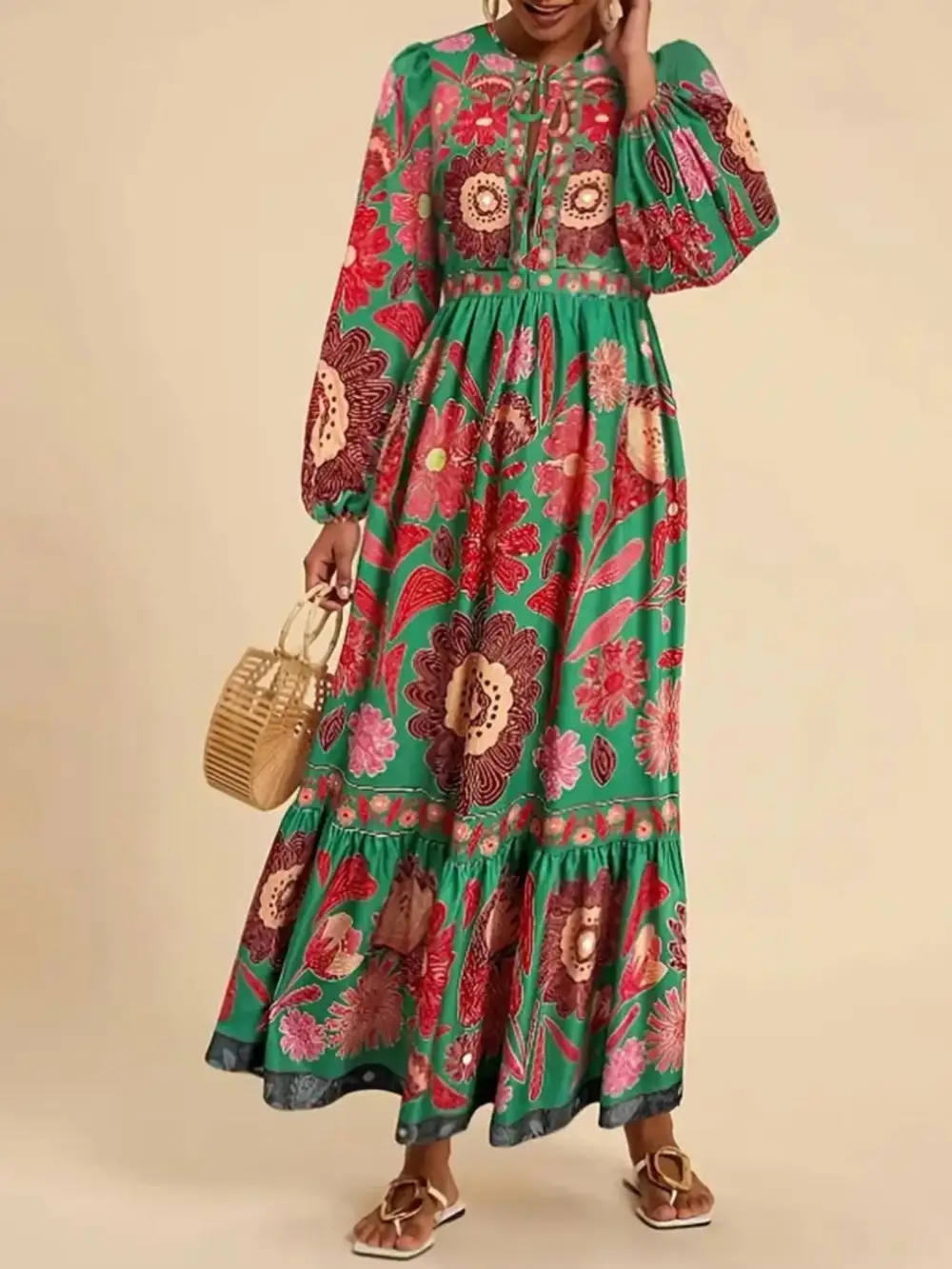 Floral Tie Waist Long Sleeve Dress Casual
