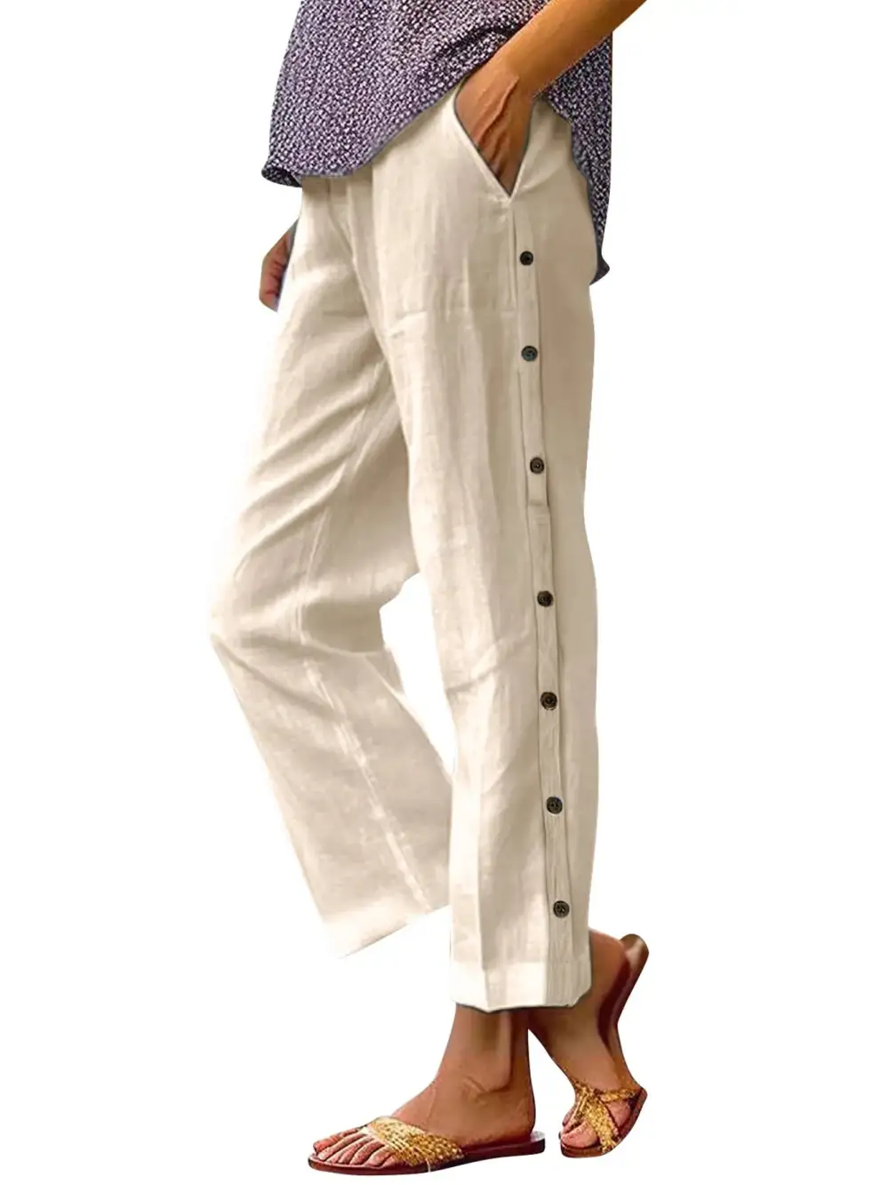 Side Decor Button Casual Wide Leg Pants