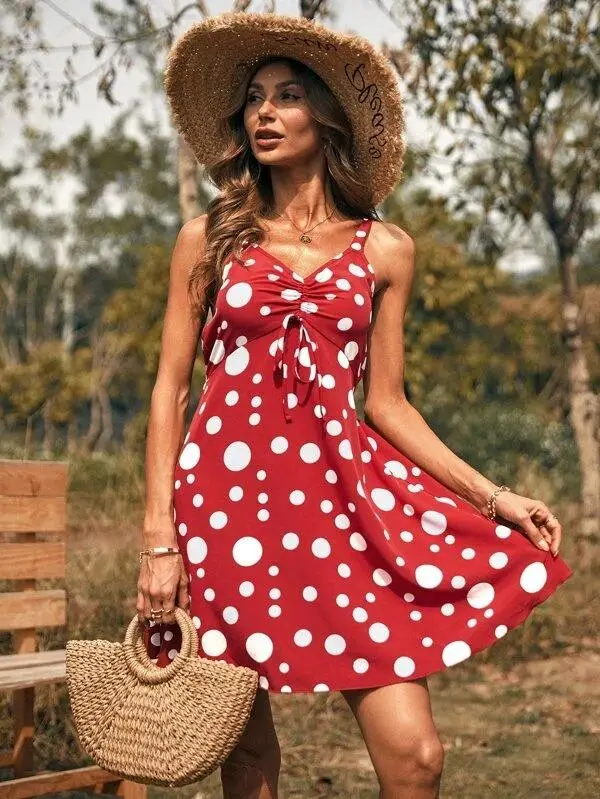 Women Polka Dot Ruched Knot Cami Dress