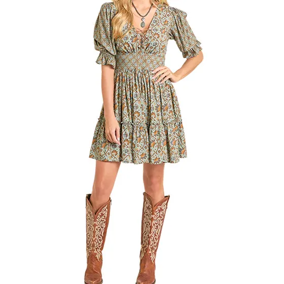 Rayon Floral Print Smocked Mini Dress