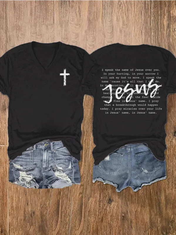 Women's Jesus Print V-Neck T-Shirt