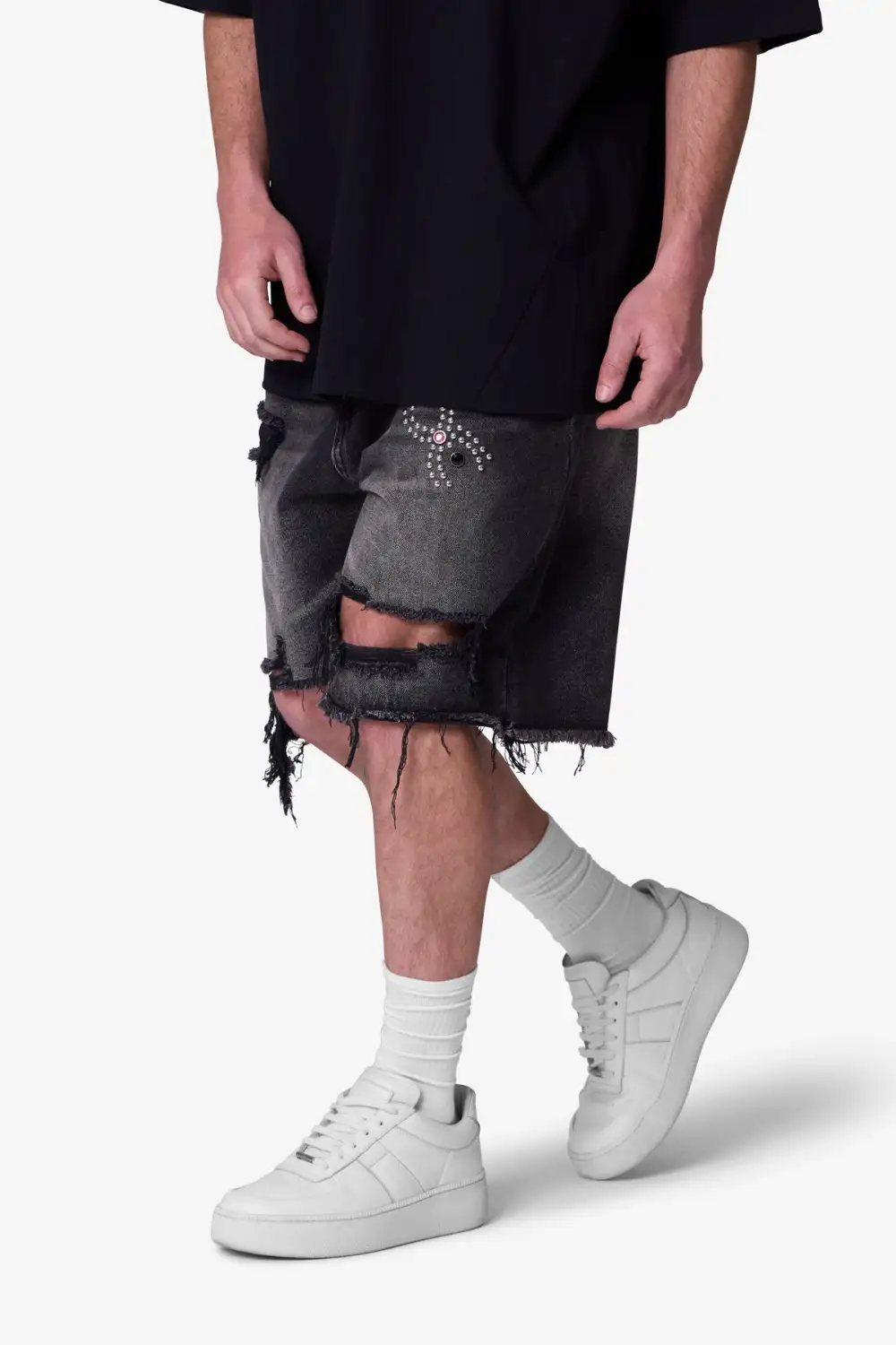 Distressed Motif Denim Shorts