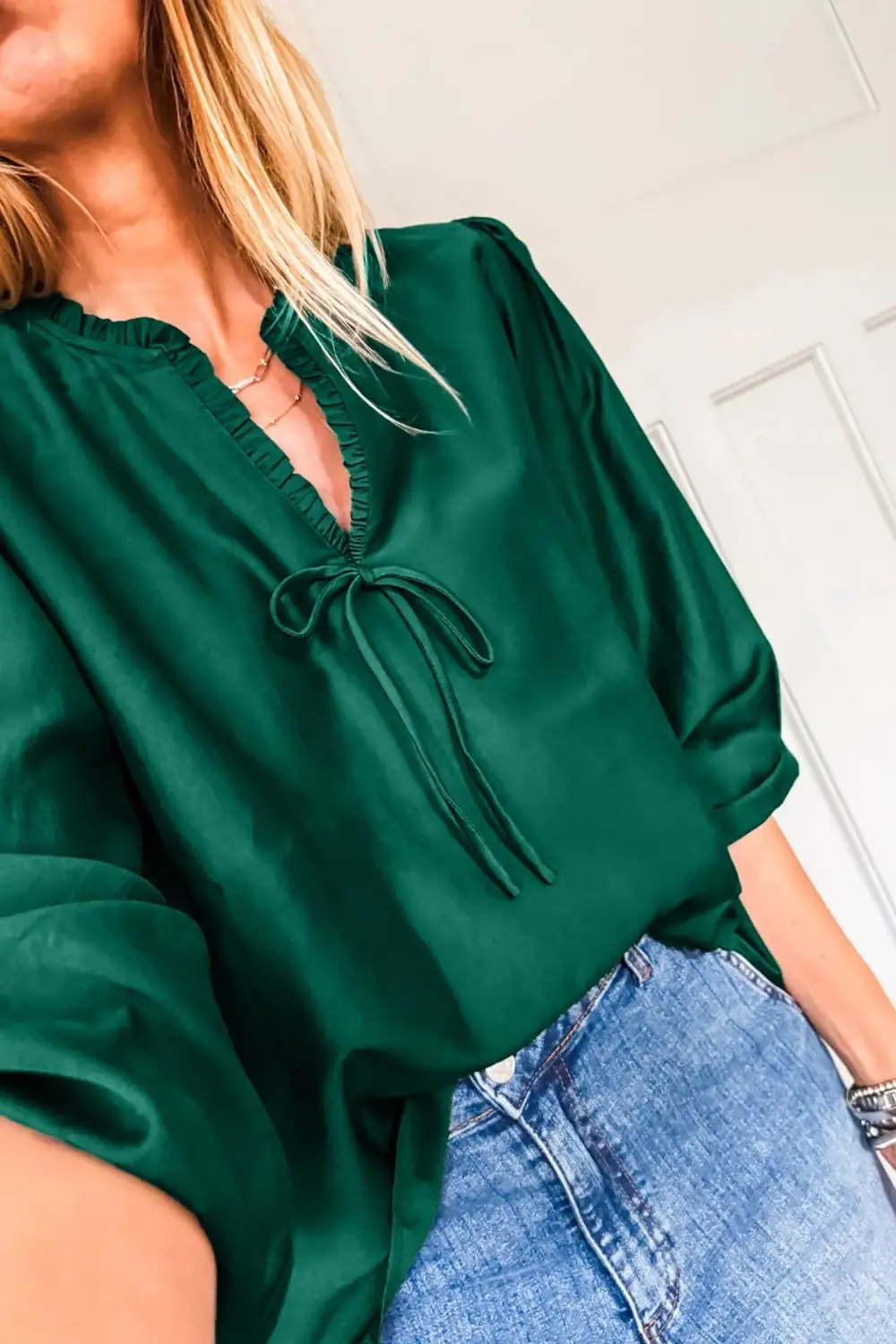 Frilled Bow Detail V-Neck Blouse