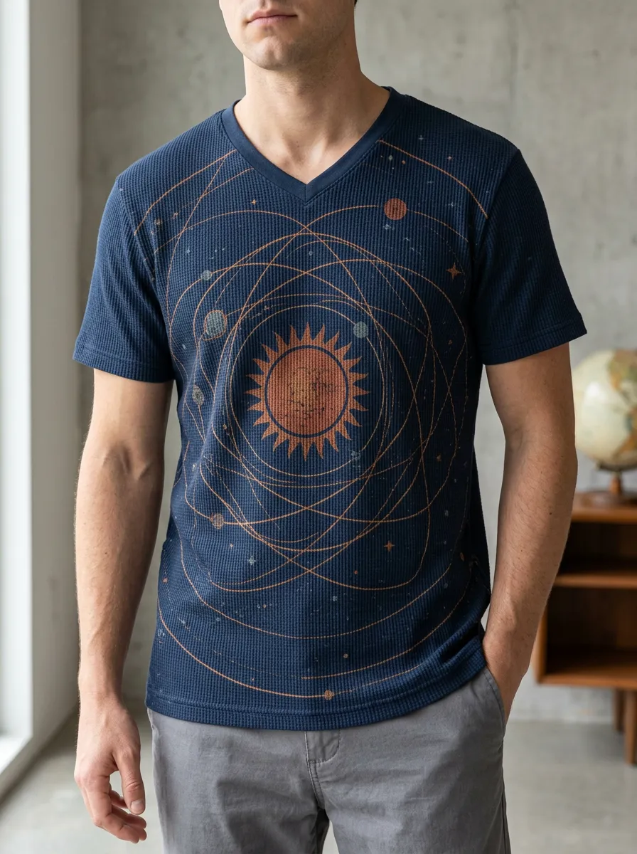 Men's Astronomy Lover Solar System Orbit Printed V-Neck T-Shirt