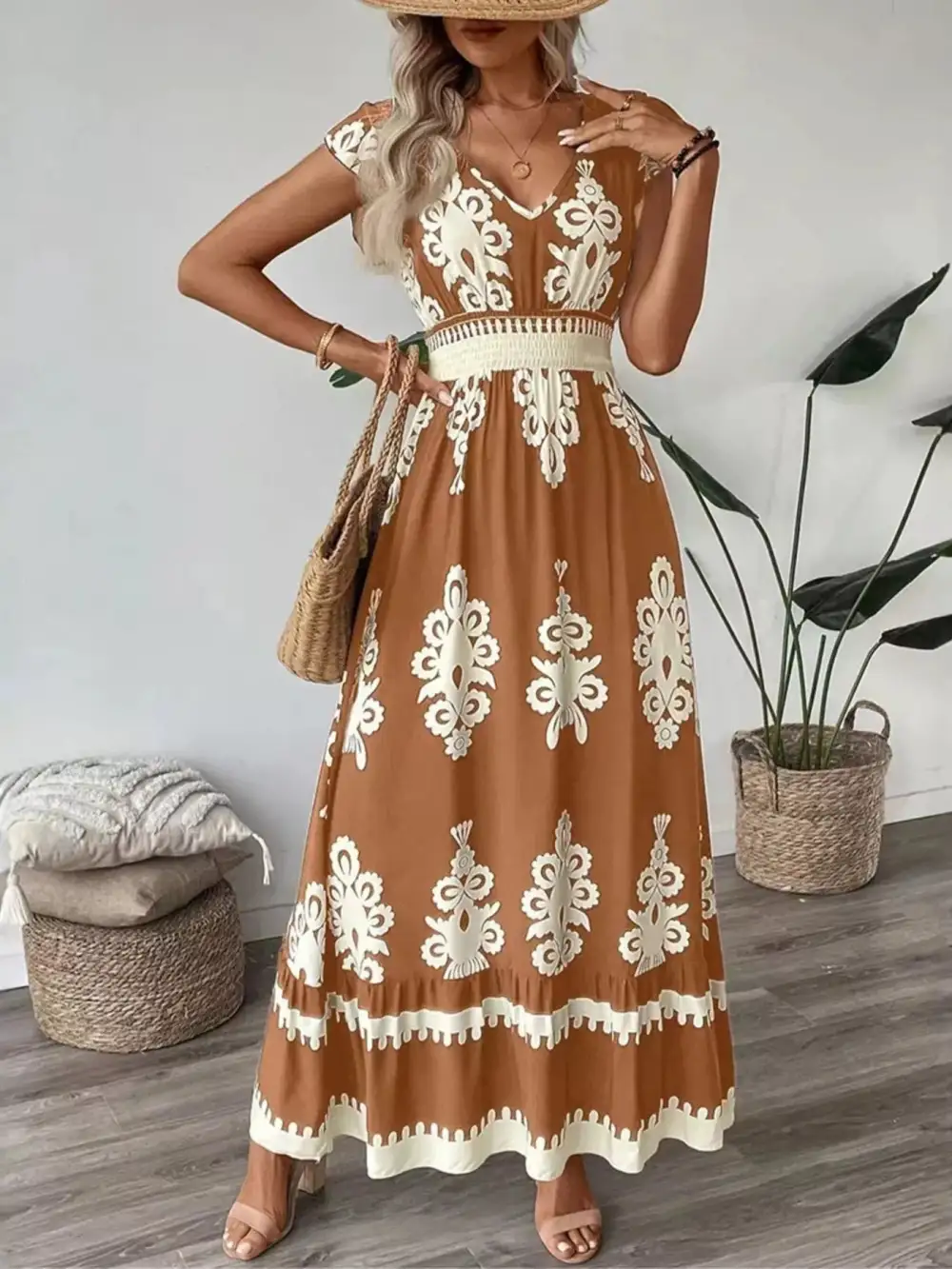 Ruffled Printed V-Neck Maxi Dress