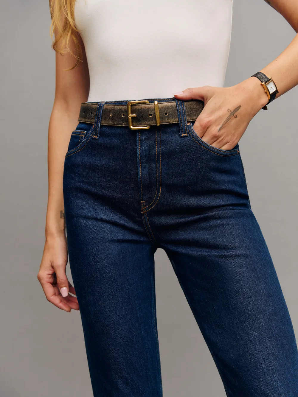 Stretch High Rise Straight Leg Jeans