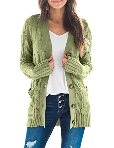 Women's Long Sleeve Cable Knit Sweater Open Front Cardigan Button Loose Outerwear