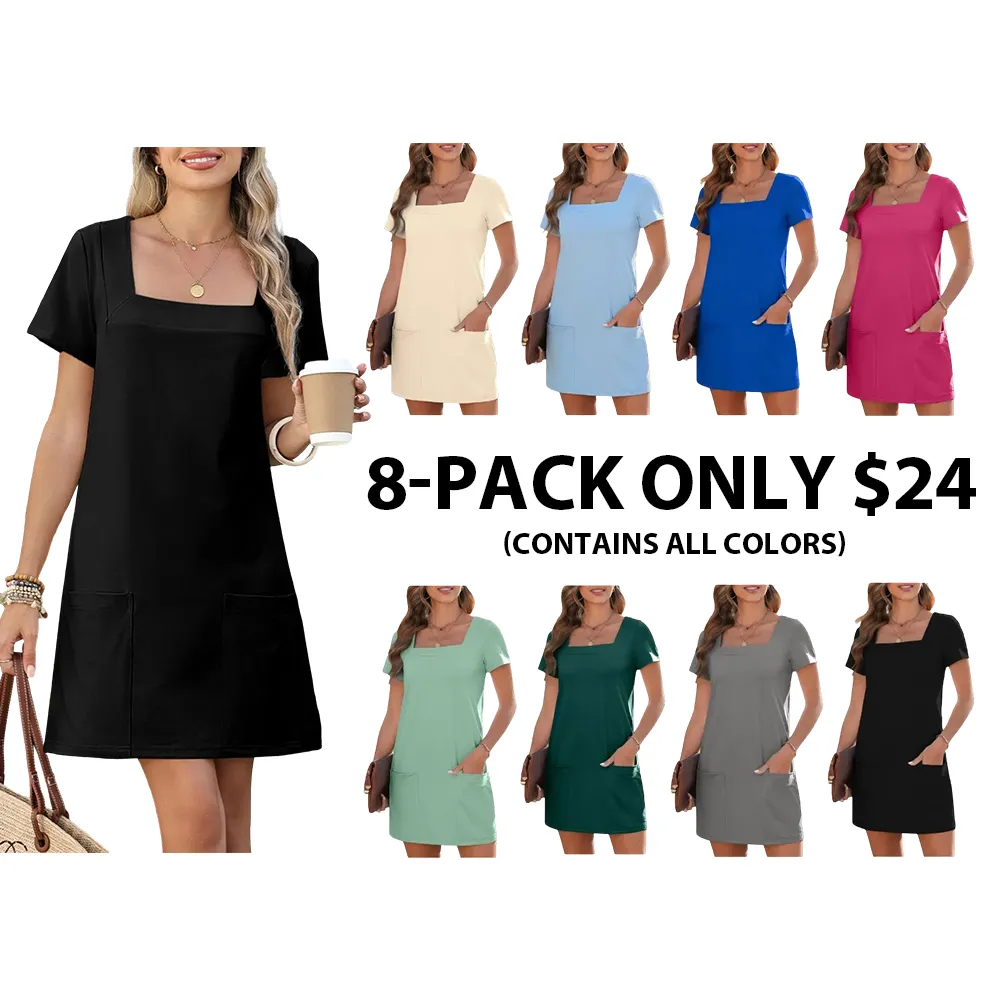 Women's Solid Color Align Dress Short Sleeve Mini Dresses With Pockets