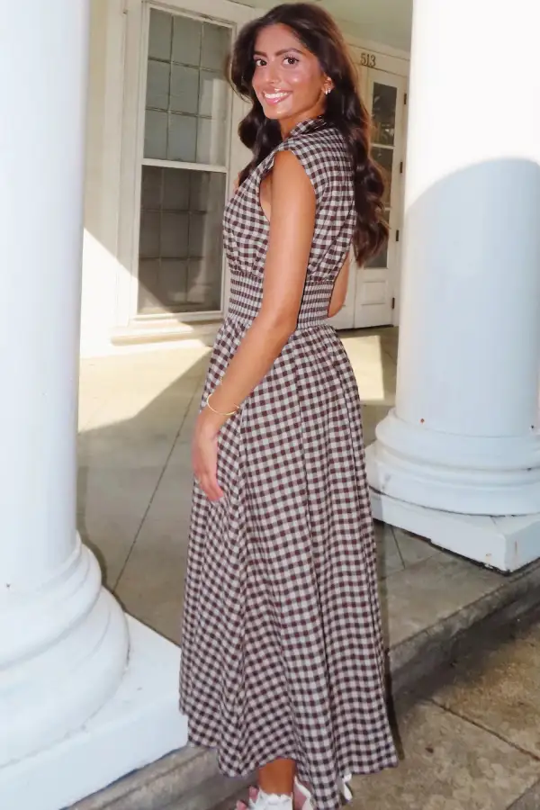 Plaid Printed Zip Front Maxi Dress
