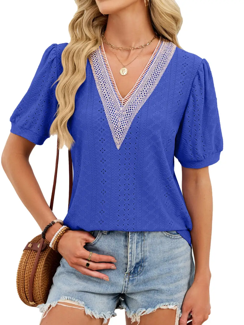 Refined V-Neck Short-Sleeve Lace-Detail T-Shirt