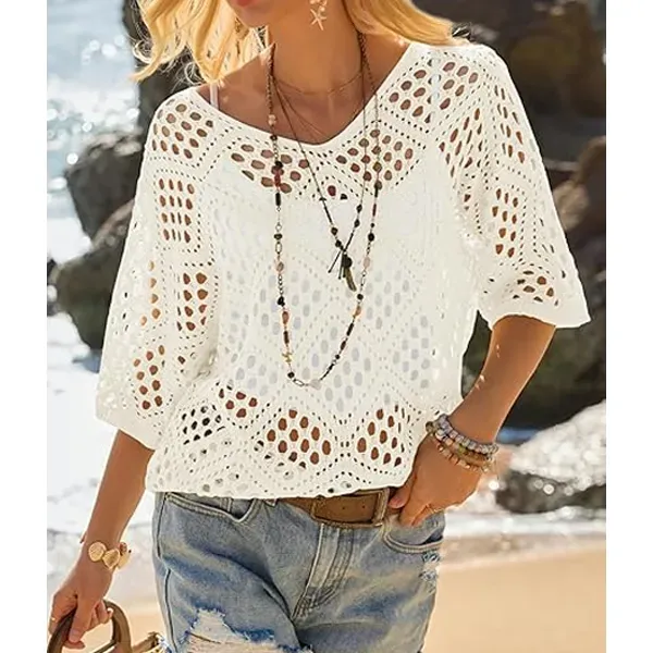 Women's Bohemian-Inspired Beige Crochet Top with V-Neck