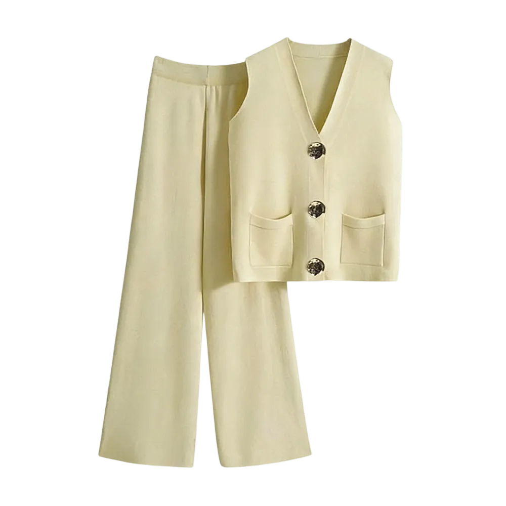 Women's Elegant V Neck Gold-Toned Button Decor Tank Top & Wide Leg Trousers Co-ord
