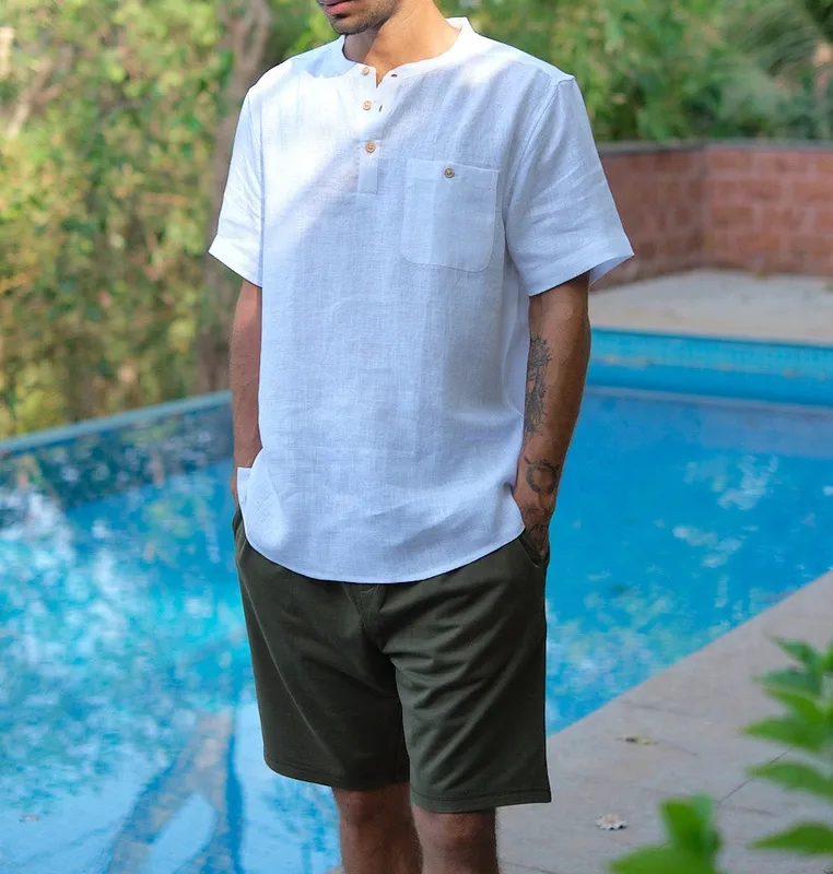Pearl White Linen Band Collar Shirt