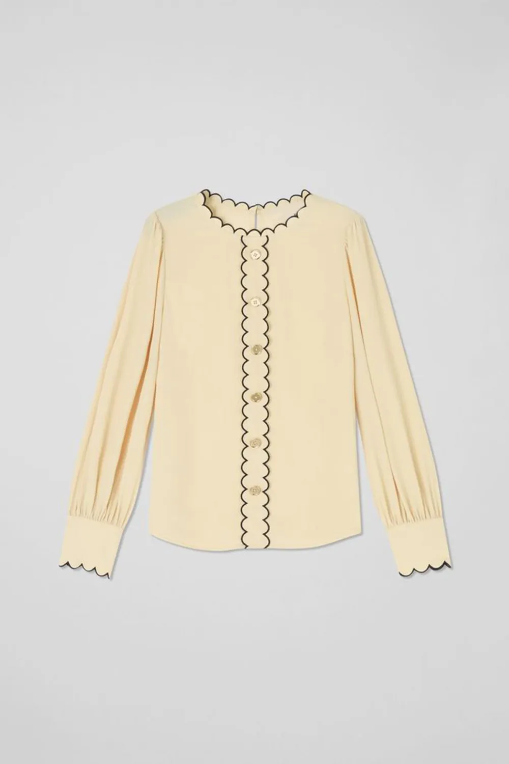 Cream Scallop Trim Long Sleeve Button Up Top