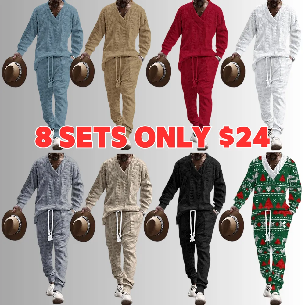 Men's Jacquard Drop Shoulder V Neck Top & Drawstring Waist Pants, Casual Fashion Pullover & Pocket Trousers for Daily Wear, Tracksuit Set, Tracksuits, Mens Jogger Sets, Sweat Suits Workout, Men's 2 Piece Set, Menswear, Clothes, Formal Wear, Sweat Set