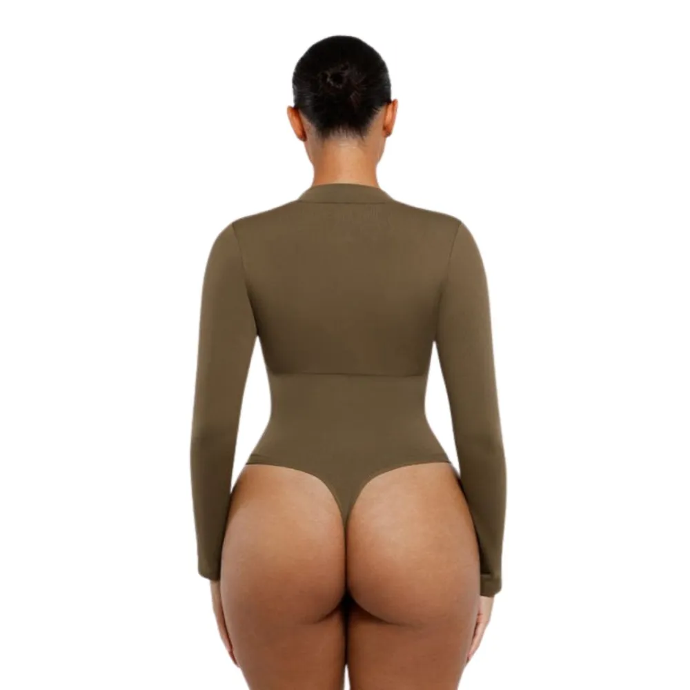 Zip Front Long Sleeve Thong Bodysuit