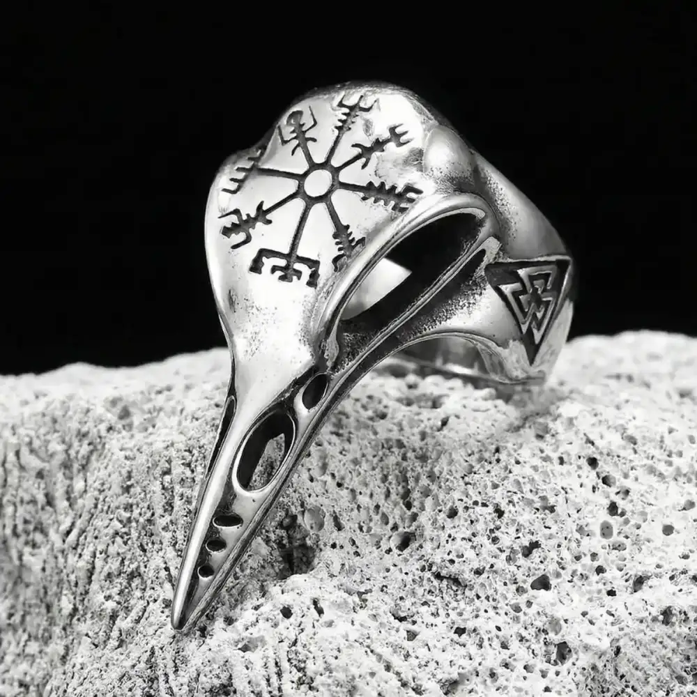 Men's Vegvisir Raven Skull Ring