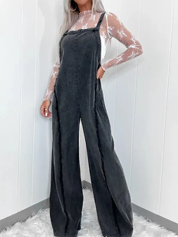 Vintage Washed Raw Edge Wide Leg Jumpsuit