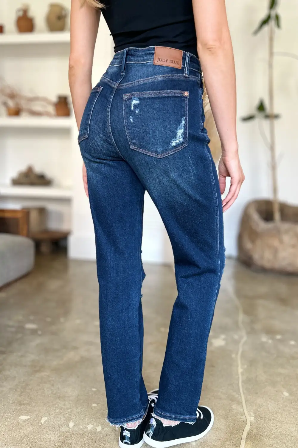 High-Waist Raw-Hem Distressed Washed Straight Leg Jeans