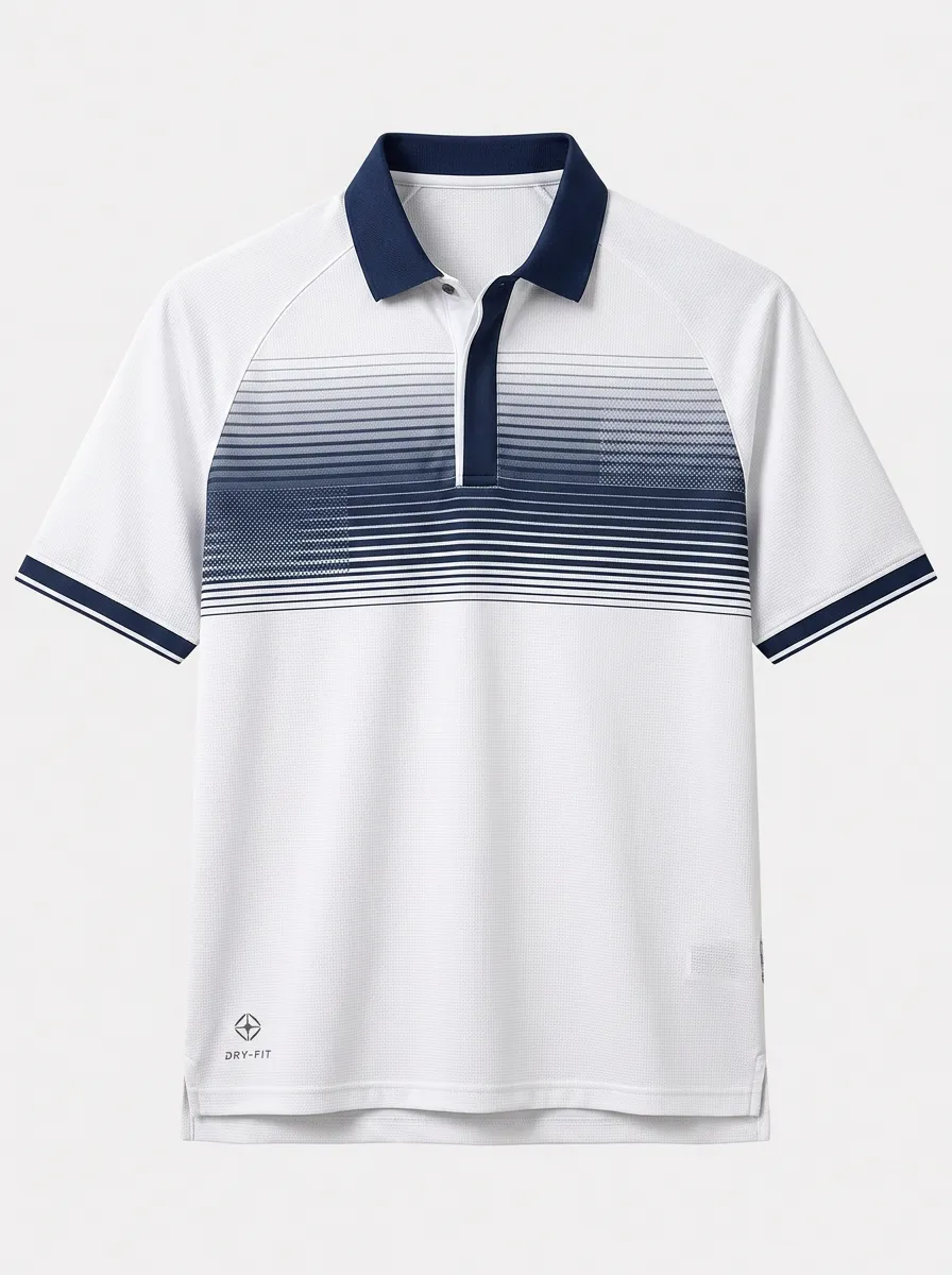 Men's Casual Sporty Navy Gradient Stripe Printed Polo Shirt