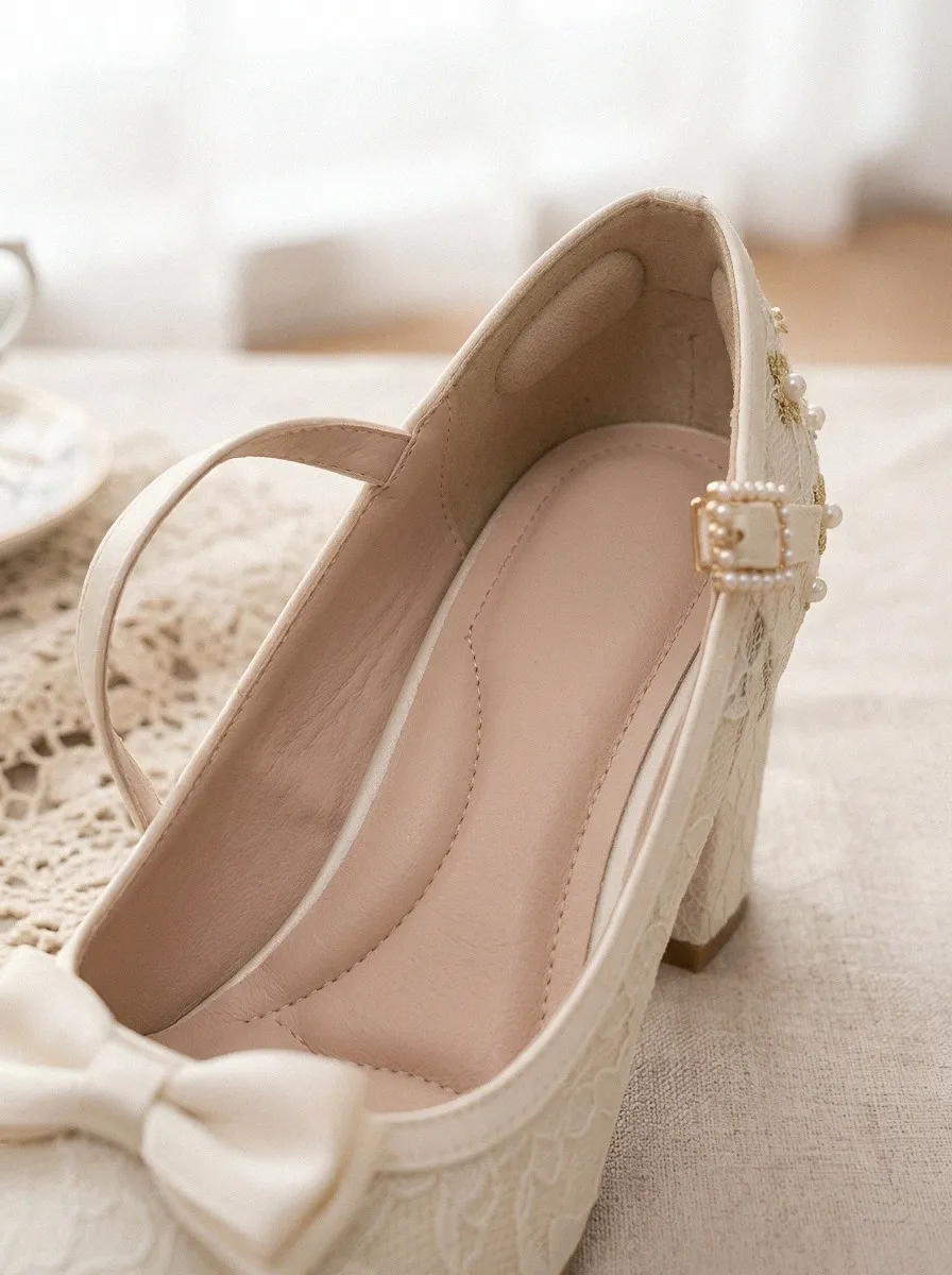 T-Strap Block Heel Lace Pearl Women's Bavarian Occasion Heels