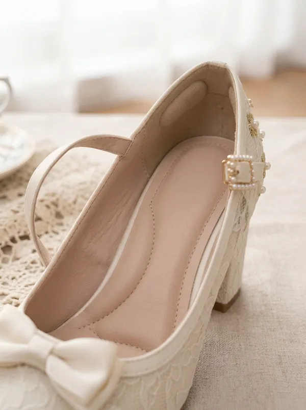 T-Strap Block Heel Lace Pearl Women's Bavarian Occasion Heels