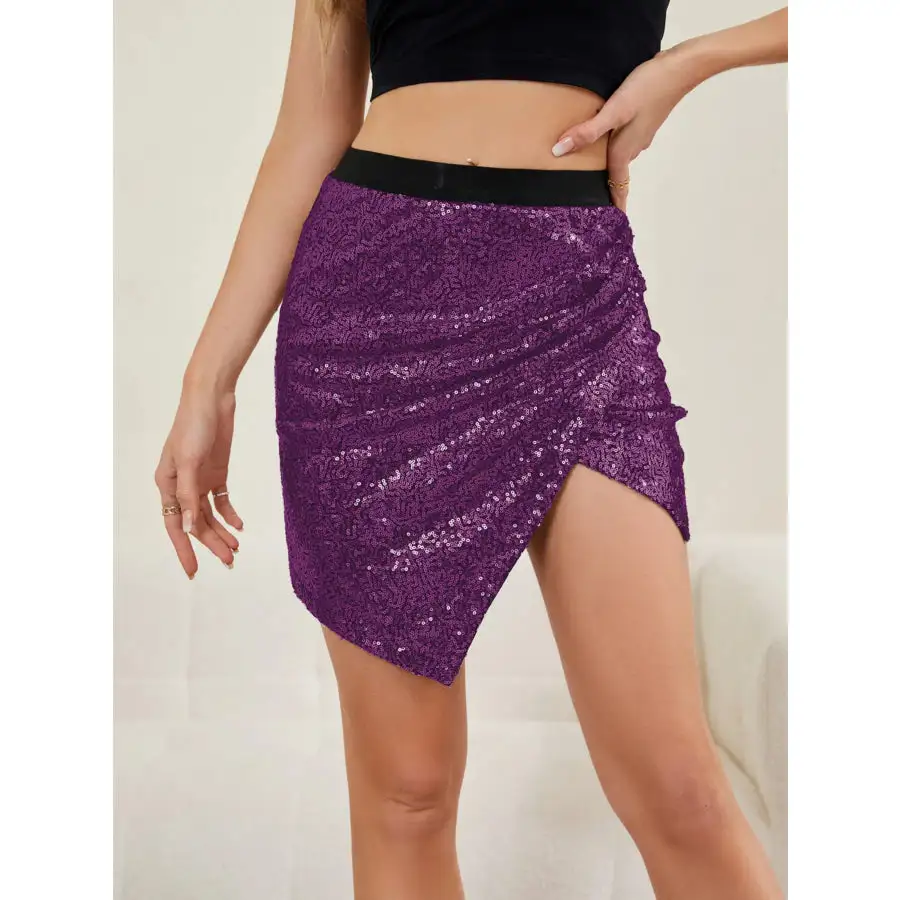 Asymmetrical Slit Sequin Skirt