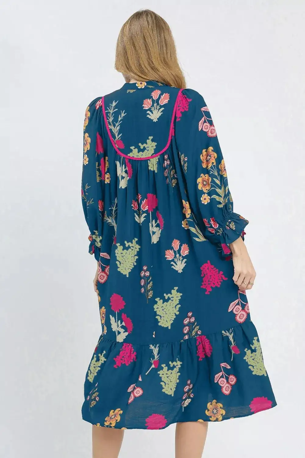 Print Gathered Neckline Sleeve Casual Midi Dress