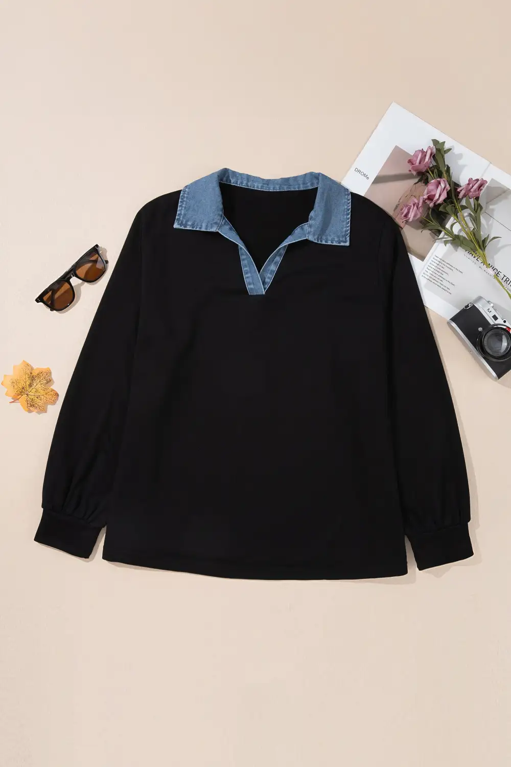 Refined Color Block V Neck Denim Accent Relaxed Cotton Blend Long Sleeve Top