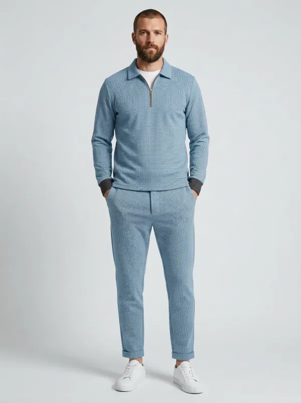 Men's Houndstooth Smart Casual Polo Collar Jacket and Jogger Pants Set